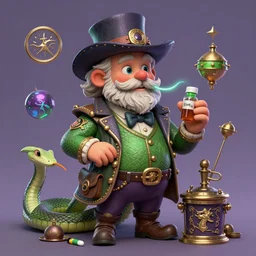 Uncle Aloysius, snake oil salesman, wild west crypto pharmaceutical industrialist apothecary alchemist tinkerer engineer, cute, fantasy, intricate, elegant, highly detailed, digital painting, 4k, HDR, concept art, smooth, sharp focus, illustration,  purple green color scheme, art by Ed Roth and H R Giger and Greg Rutowski