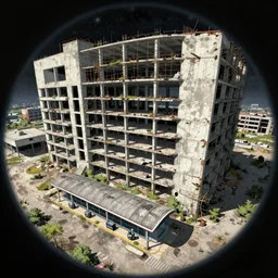 a beautiful very detailed anime illustration of building abandoned urbex unfinished building architecture bus station by le corbusier, fisheye uranus hyperrealism synthwave, archdaily, wallpaper, highly detailed, trending on artstation.