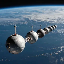 view from lower earth orbit of a line of round sphere satellites orbiting earth, each sphere has an antenna sticking up, octane render, detailed, cinematic, by artgerm, artstation