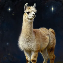 detailed space portrait of a llama with dreadlocks, realistic creature concept, heroic pose, glowing starts in background, Ilya Repin oil painting