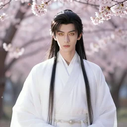 a portrait of a young beautiful prince, golden eyes, long black hair, white hanfu, elegant, intricate, backlit, incredible lighting, strong rim light, subsurface scattering, photorealistic anime, epic beautiful landscape, cherry trees, highly detailed, digital painting, by Heise Jinyao, Heise-Lian Yan Fang, Feimo, Rossdraws, Sakimichan HDRI, vivid colors, high contrast, 8k