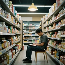 a man in a store at 3 in the night he's bored and sitting on his chair working on a supermarket and there's only one light on
