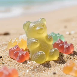 5 5 mm macro photo of a gummi bear on the sands of a magical beach made of pop rock candy