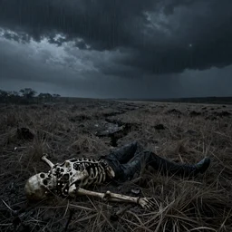 You must have slipped through some slit, some scathful fissure in time. barren rolling heath, Damned to this no-man’s land, stumbling and pitiful in the night. half light, bone contours of landscape, rain of ashes, dark hopeless night, decay, landscape in the style of Lucas Arruda