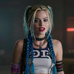 Margot Robbie real-life Jinx, cinematic, Wide-shot, atmospheric lighting, directed by Ridley Scott, extreme detail, 8K, movie still