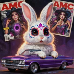 amc marlin lowrider driven, cute fluffy female bunny in a dia de los muertos face makeup, a quantum wormhole, juxtapoz, heavy metal magazine, mad magazine, matte sharp painting