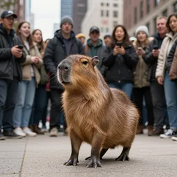 Crowd gathers around a capybara doing Chicago footwork dancing, HD photograph, award-winning