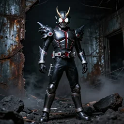 character portrait of a high fantasy kamen rider gunslinger standing in an abandoned coal mine, glowing eyes in helmet, demonic dragon inspired armor, rusty metal walls, dark colors, tense atmosphere, misty room, dramatic lighting, good value control, matte painting, minimal artifacts, sharp focus, 8 k, rubber suit, pvc armor, dramatic lighting, frank frazetta