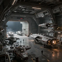 an extremely detailed masterpiece epic scene of the inside of a cavernous spaceship cargo bay with various types of parked militarized spacecraft with pilots and an opened hanger door space scene in background, in the style of frank kelly freas and lebbeus woods, intricate, elegant, highly detailed, digital painting, artstation, cinematic lighting, extremely moody lighting, glowing light and shadow, 4 k