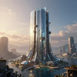 a beautiful detailed rendering of laboratory building architecture abandoned city by santiago calatrava, bladerunner 2 0 4 9 cosmic cyberpunk sea universe apocalyptic assassin's creed postcyberpunk elysian made of glass steampunk azeroth morning sun crystal gem at dusk, archdaily, wallpaper, highly detailed, trending on artstation.