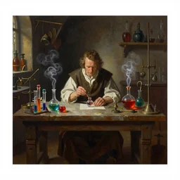 a super detailed painting of a male alchemist sitting at the table in dimly lit medieval lab, medieval lab equipment, vibrant vials, vials with smoke coming out, art by artgerm, greg rutkowski, thomas kinkade, karol bak, mark brooks, centered, insanely detailed, ambient light