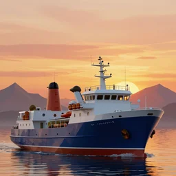 super detailed color art, big graphic fishing ship on sunset view with polygonal mountains, unreal engine, high contrast color palette, 3 d render, lowpoly, colorful, digital art, perspective, full volume composition, syd mead