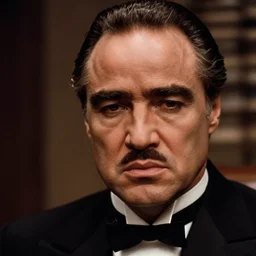 film still close up shot of gary busey as vito corleone from the movie the godfather. photographic, photography