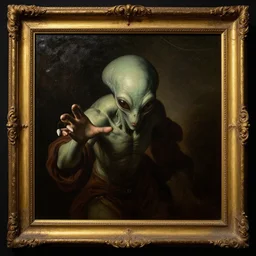 futuristic alien reaching through a framed painting, pulp sci - fi art for omni magazine. high contrast. baroque period, oil on canvas. renaissance masterpiece
