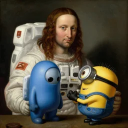 renaissance painting of among us astronaut imposter killing minion from despicable me, in the style of da vinci, paining, illustration,