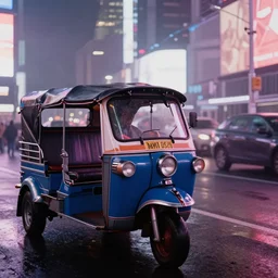 a blue and white tuk tuk in Times Square at night, very hazy, rainy, very diffused lighting, moody, dark purple tones, shallow depth of field, motion blur in background,  style of John Berkey, Norman Rockwell, Hans Thoma, Ivan Shishkin, Tyler Edlin, Thomas Kinkade, 4k