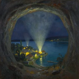 a lamplit village on the coast of a lake, deep underground oil on canvas