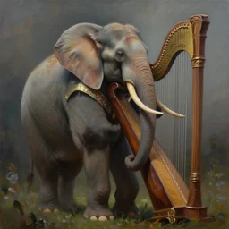 painting of humanoid elephant wearing bard costume and holding a harp, epic, trending on artstation, masterpiece, cinematic lighting, by ross tran and by greg rutkowski