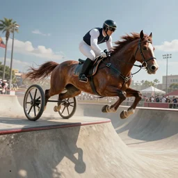 roman horse chariot racer high jumping in a skate park half-pipe, video game cover, intense, high detail