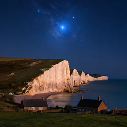 a night time landscape photo of the seven sisters cliff faces in cuckmere haven, famous composition with cottage, in the sky is a deep astrophotography image of the pleiades cluster, 6 bright blue stars shining brightly