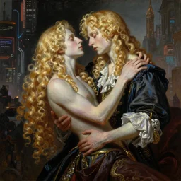 Beautiful painting of the pale blond androgynous prince in a sensual pose, johan liebert mixed with alucard, long curly golden blond hair, baroque curls, very very pale white skin, atmospheric lighting, painted, intricate, volumetric lighting, beautiful, rich deep colours masterpiece, golden hour, sharp focus, ultra detailed, in the style of Dan Mumford and Johfra Bosschart, with a crowded futuristic cyberpunk city in the background, astrophotgraphy