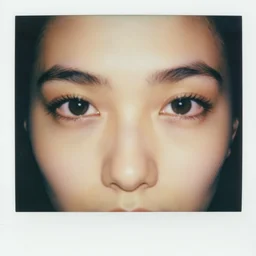 an extreme close up, face, of Ukrainian woman, early 20s, Polaroid