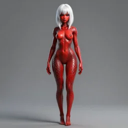 full length complex 3 d hyper realistic smooth ultra sharp render of a gorgeous female | red scaly skin | short white!!! hair!!! long bangs | solid black pupils!! | art by oh jinwook + 吵 集 仁 儿 on artstaion + takeshi obata + alphonse mucha + jim lee