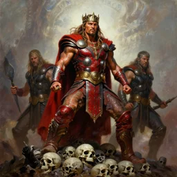 beautiful portrait oil painting, jason momoa conan the barbarian thor standing on a hill made of skulls, wearing a warrior king crown and royal crimson fantasy ornate spartan dragon scale armor, wet skin and hair, muscular!!!, battle action pose, frank frazetta, boris vallejo, greg rutkowski, beautiful cinematic light, low angle, greg rutkowski, high contrast