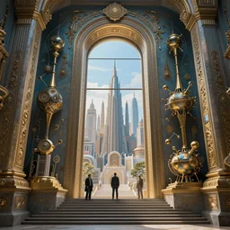 carved futuristic gateway at the end of ancient ornate steps with a large wide window to a city which details the vast architectural scientific ancient and cultural achievements of humankind, magical atmosphere, molecules and machines, renato muccillo, jorge jacinto, damian kryzwonos, ede laszlo, highly detailed digital art, cinematic blue and gold