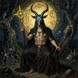 Aleister Crowley with baphomet, by Raphael Hopper, and Rene Magritte. Highly detailed, romantic, enchanting, magical, trending on artstationHQ