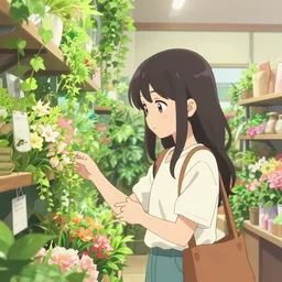 a anime woman shopping in a florist's store interior with lush overgrowth, ivy, foliage, flowers, cute face by ilya kuvshinov, kyoani, artgerm, krenz cushart, hiroaki samura, yoshinari yoh, wlop, loish, dynamic pose, cel shaded, anime poster