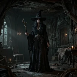 An ancient witch in the shadows of a dark decrepit cottage, highly detailed interior , horror, hyperrealistic, Blender 8k UHD