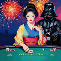 hyperrealism composition of the detailed woman in a japanese kimono sitting at an extremely detailed poker table with darth vader, fireworks on the background, pop - art style, jacky tsai style, andy warhol style, acrylic on canvas