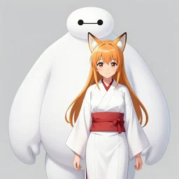 Anime Illustration, pixiv, a Baymax with a fox-eared girl dressed in traditional Japanese white and red