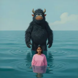 painting of a ( a black haired sri lankan devil sasquatch muppet costume ), standing waist deep, in an infinite ocean, in the foreground a south asian woman in pink sweatshirt stands submerged reflecting in water reflection, cinematic painting by james jean, limited color palette, 4 k, surreal art, soft lighting, digital art