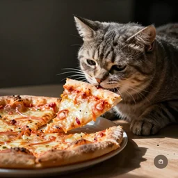 cat stealing a slice of pizza, photograph, iphone, sharp focus