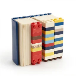 photograph of a book made up of building blocks, white background, studio lighting