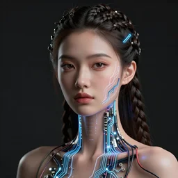 a photographic portrait of a beautiful woman with a hairstyle made of braids, under the skin electric circuits, and electric cables going into the skin, dramatic light, photorealistic, octane render, sigma art 85 mm, ultra detailed. beautiful image