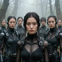 cinestill 5 0 d photographic portrait by helen levitt of a group of cute android women wearing rugged black mesh techwear in a foggy cement grove, extreme closeup, modern cyberpunk, dust storm, 8 k, hd, high resolution, 3 5 mm, f / 3 2, ultra realistic faces, intricate detail, ex machina