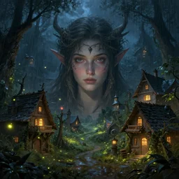 magical elven village in the rain at night, fireflies, modded, 1 0 8 0 ti, detailed, centered, digital painting, artstation, concept art, donato giancola, joseph christian leyendecker, wlop, boris vallejo, breathtaking, 8 k resolution, extremely detailed, beautiful, establishing shot, artistic, hyperrealistic, beautiful face, octane render, cinematic lighting, dramatic lighting, masterpiece