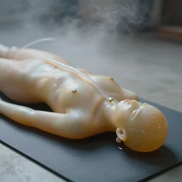 close - up of iridiscent oil slick corpses connected by a transparent pipe to a wax form relaxing on yoga mat, faded, gradient, fog, smoke, depth of field, blur, very detailed, glitch, by nadav kander and hans bellmer, 8 k hyper realistic detailed cinematic