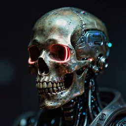 2 8 mm macro photo of metal skull with neon tubes half covered face with cybernetic enhancements as seen from a distance, scifi character portrait by greg rutkowski, canon 5 0 mm, film, photography, esuthio, craig mullins, 1 / 4 headshot, cinematic lighting, dystopian scifi gear, gloomy, profile picture, mechanical, half robot, implants, solarpunk