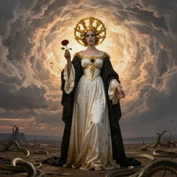 rembrandt style golden saint female zombie character wearing white and black victorian robe with an aureola made of golden cactae over the head and holding a rose, with warm backlight.  whirlpool of clouds forming acircular background. sunset light. beneath there's a barren land with serpents. apocalyptic. low angle.