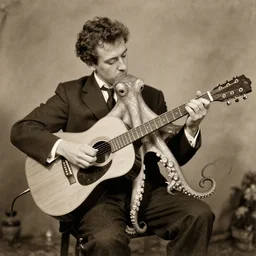 vintage photograph of an octopus playing guitar and wearing a suit