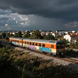 a train covered with graffiti going through a city by jean - baptiste monge