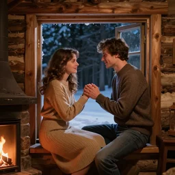 beguiling handsome man holding hands with a beautiful young elegant woman, sitting on a window sill, enchanting, warm log cabin, fireplace, cold dark night outside, set in the 8 0 s, artists impression, romantic, cosy, loving, dreamy fairytale