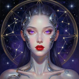 beautiful cyber female with purple mechanic eyes and red lips, face, sci - fi, metal skinn, constellation geometry space mandal background, breathtaking stars, elegant, highly detailed, digital painting, artstation, concept art, smooth, sharp focus, spiritual art, art by artgerm and greg rutkowski and alphonse mucha, psychedelic, illustration, painting oil,