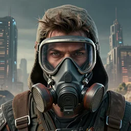 retrofuturistic portrait of a wasteland scavenger, respirator on bottom half of face, dystopian city graphics in background, close up, quint buchholz, wlop, dan mumford, artgerm, liam brazier, peter mohrbacher, raw, featured on artstation, octane render, cinematic, rugged, intricate, 8 k