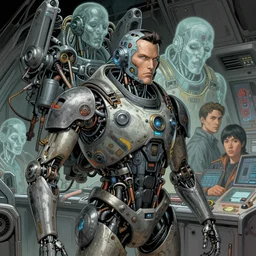 comic book illustration, cinematic camera, a cyborg pilot in the cockpit of a battle droid, intricate machinery, biomechanics, the ghosts in the machine, cyberpunk concept art by artgerm and Guy Denning and Moebius and Ruan Jia, highly detailed, intricate, sci-fi, sharp focus, Trending on Artstation HQ, deviantart