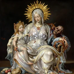 highly detailed 8 k la pieta medium shot painting of catholic veilded transparent lady with rotting still life, lawrence alma - tadema, slime, artstation, special effects makeup, maximalist, masterpiece, glittering, gold, silver, ivory, hyperreal, orientalism, nicola samori